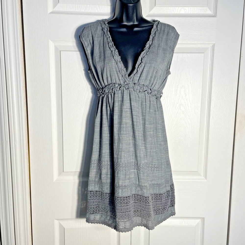 Vintage Max Studio Chambray Y2K Dress Women S Blue 100% Cotton Lace Trim Low Cut